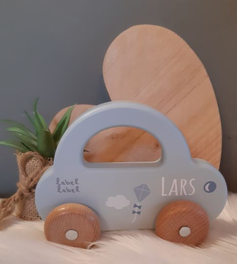 Label Label houten auto met handvat blauw met naam