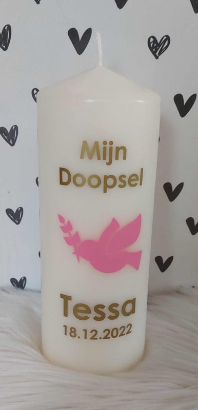Doop- of geboortekaars met naam Vredesduif