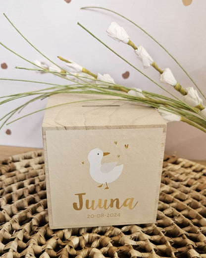 houten spaarpot met naam gans