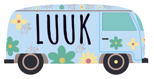 Raamsticker met naam 'flower power busje' blauw