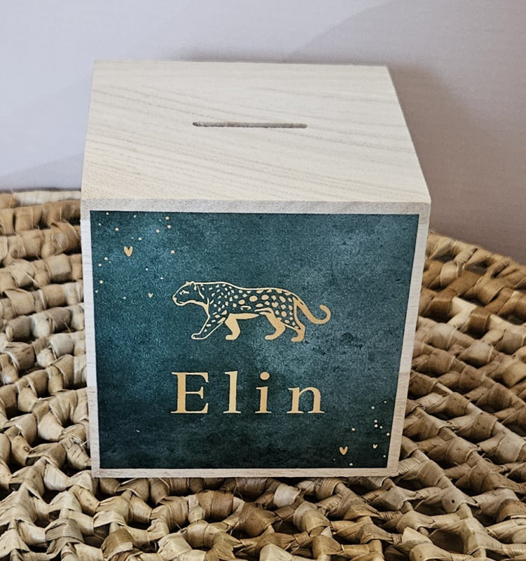 houten spaarpot met naam  cheetah