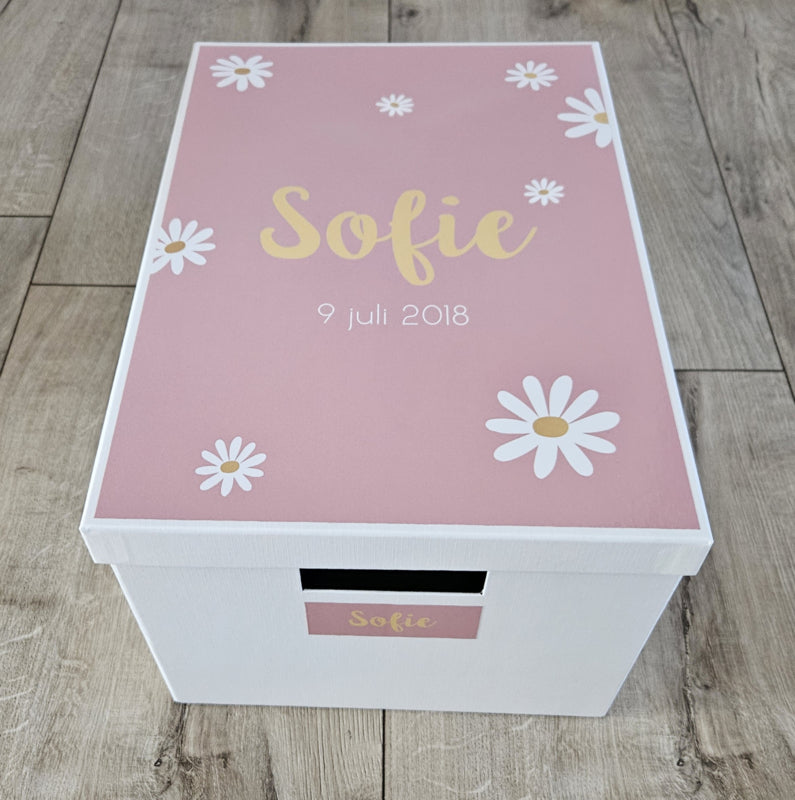 Bewaardoos met naam  Madeliefjes div. kleuren