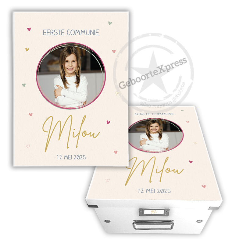 Communiedoos met naam en ''foto pink hartjes''