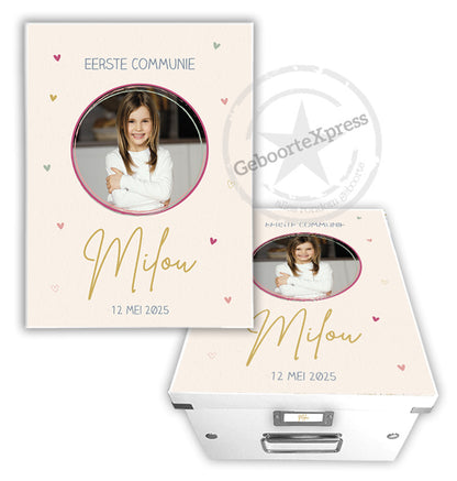 Communiedoos met naam en ''foto pink hartjes''