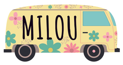 Raamsticker met naam 'flower power busje' geel