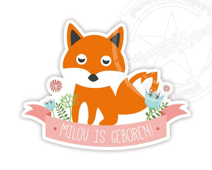 Raamsticker geboorte met lief vosje voor een meisje.