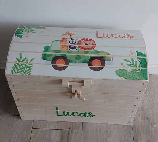Naturel houten speelgoedkist met naam 'Safari'