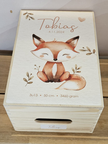 Houten herinneringskist met naam Schattig vosje
