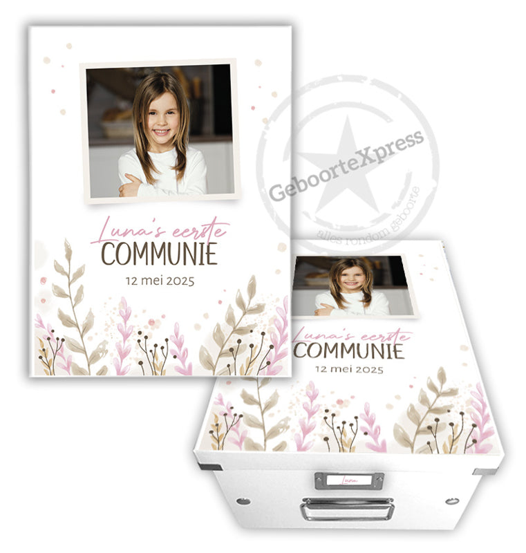 Communiedoos met naam en ''foto wildflowers''