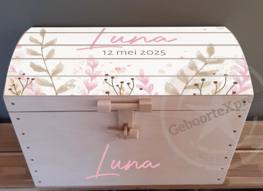 Naturel houten speelgoedkist met naam 'Wildflowers'