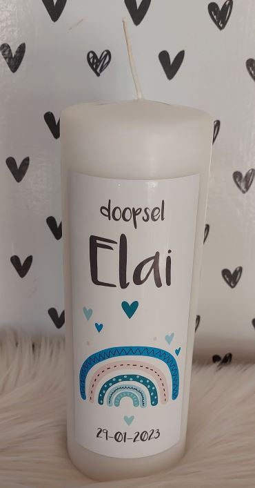 Doop- of geboortekaars met naam Regenboog blauw