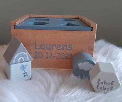 Label Label houten vormen sorteerdoos blauw met naam