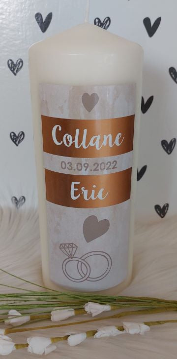 Huwelijkskaars met namen  *Ringen en Hartje* goud