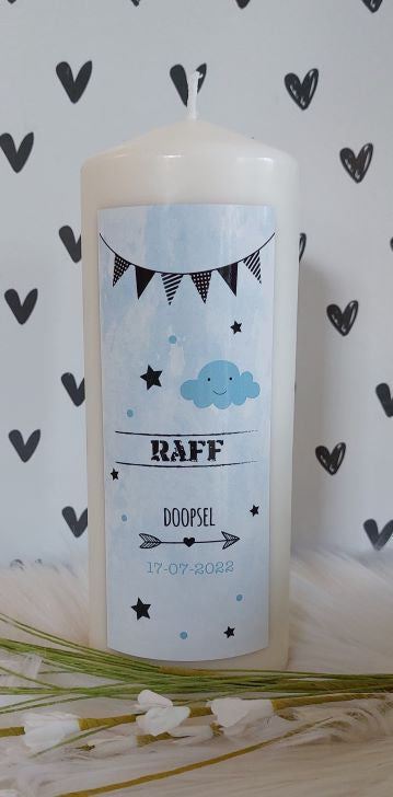 Doop- of geboortekaars met naam Vlaggenlijn blauw