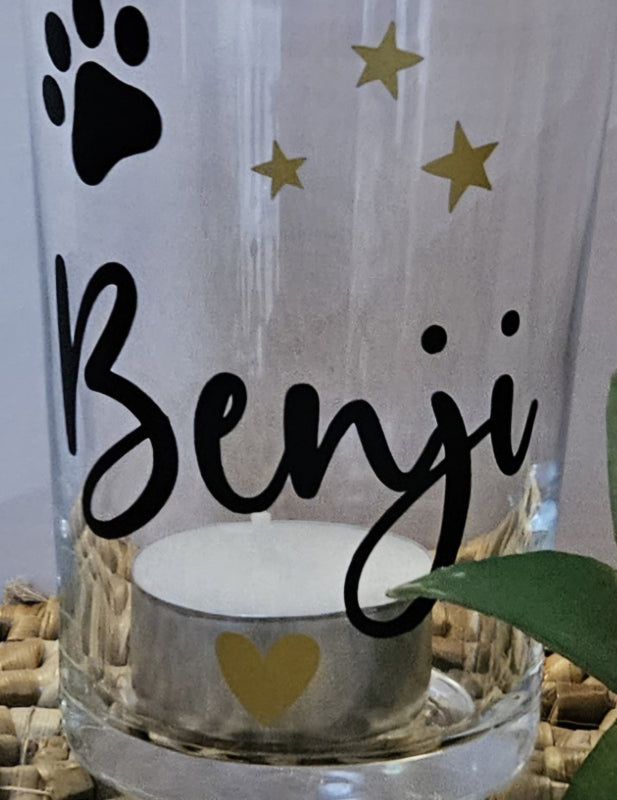 Glazen theelichthouder ter nagedachtenis huisdier