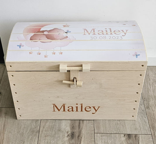 Naturel houten speelgoedkist met naam 'Beertje op wolk' ROZE
