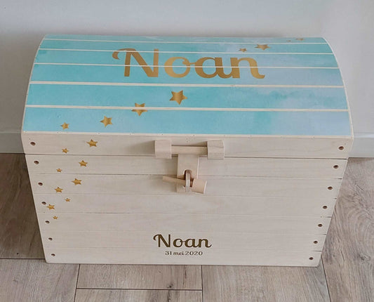 Naturel houten speelgoedkist met naam 'Brushpaint'  sterretjes