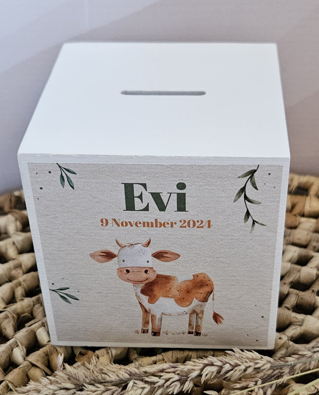 houten spaarpot met naam  en schattige koe