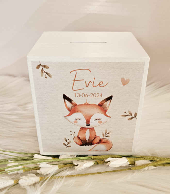 houten spaarpot met naam  en schattig vosje