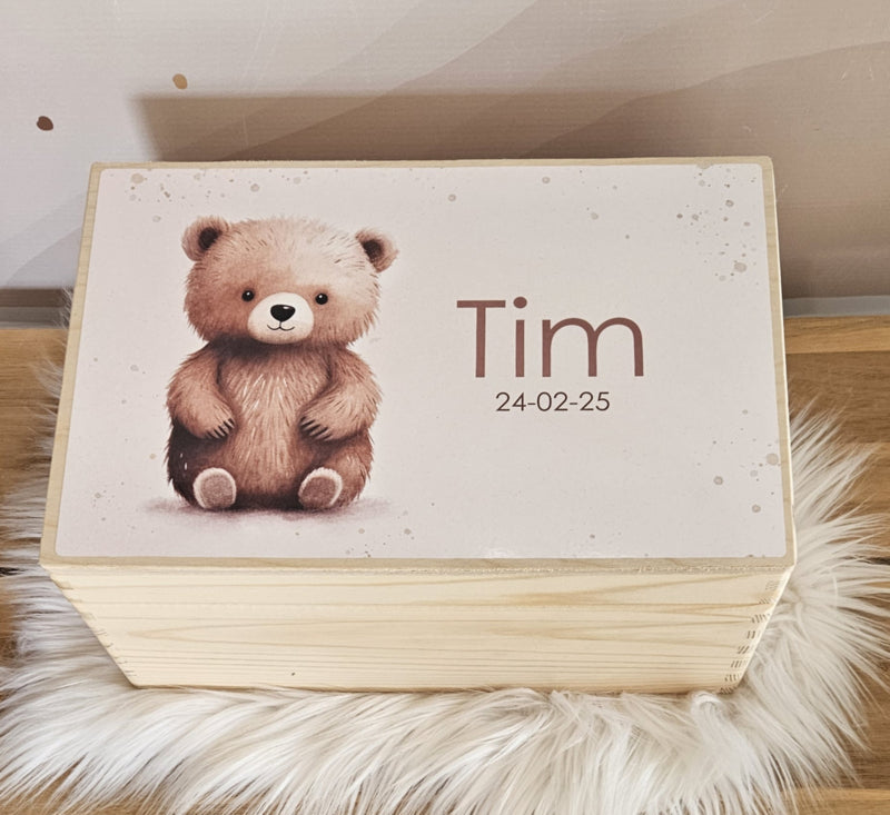 Houten herinneringskist met naam Schattig beertje