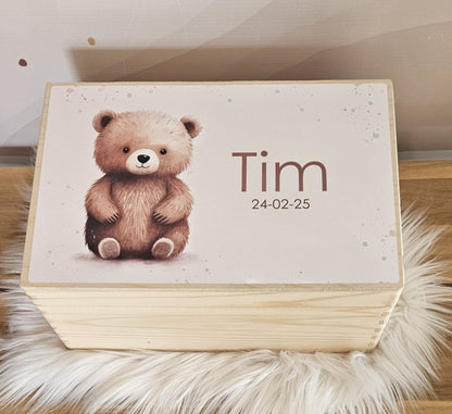 Houten herinneringskist met naam Schattig beertje
