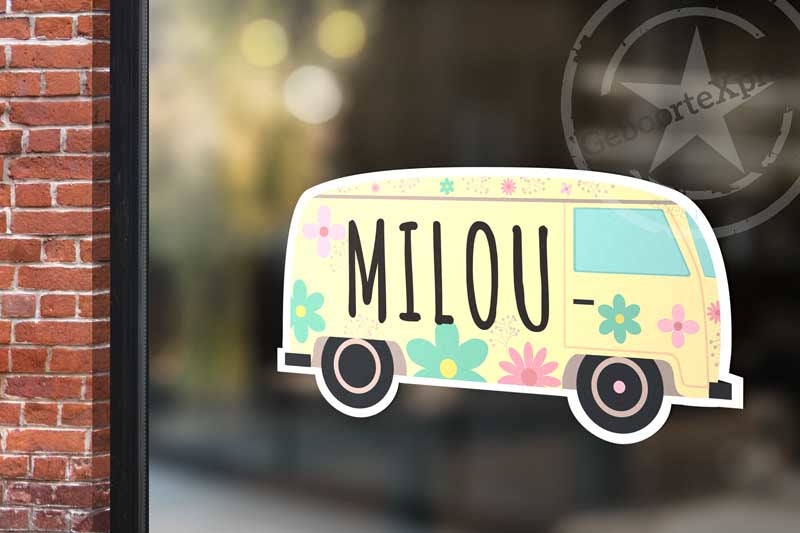 Raamsticker met naam 'flower power busje' blauw