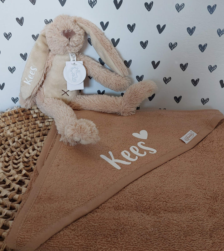 Badcape zand  en knuffel ''Happy Horse'' met naam