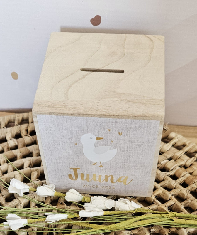 houten spaarpot met naam gans