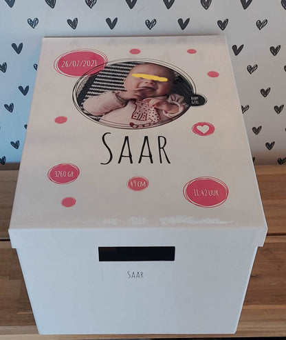 Geboortedoos met FOTO - Roze dots