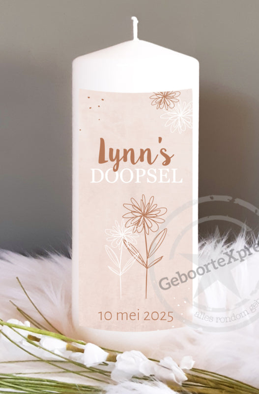 Doop- of geboortekaars met naam Pinkstone met bloem