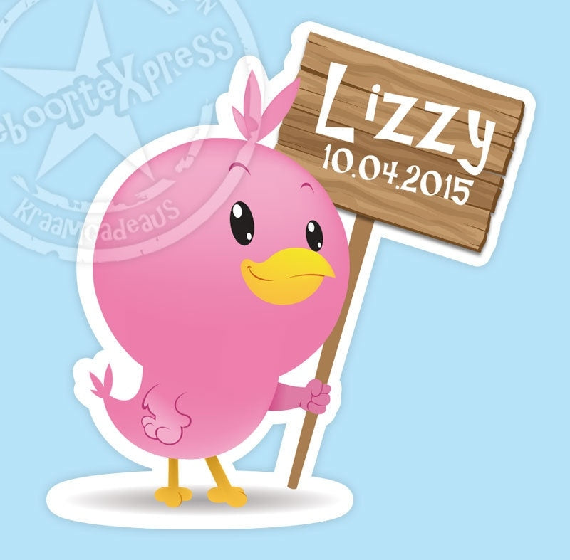 Sticker geboorte raam - vogeltje met naambord meisje