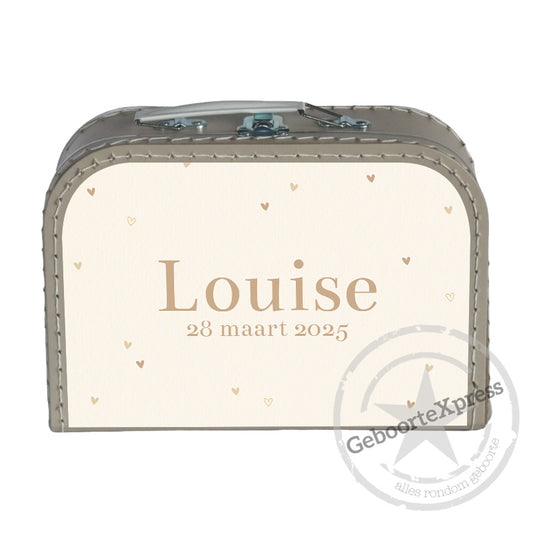 Koffertje met naam Hartjes beige