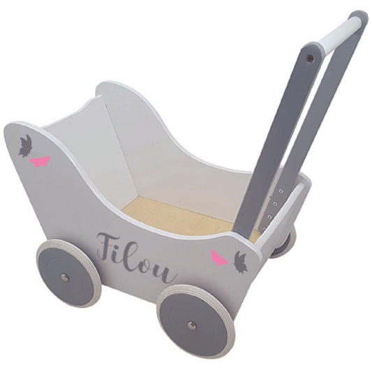 Wit met grijs houten poppenwagen met naam en grijs/roze vlinders