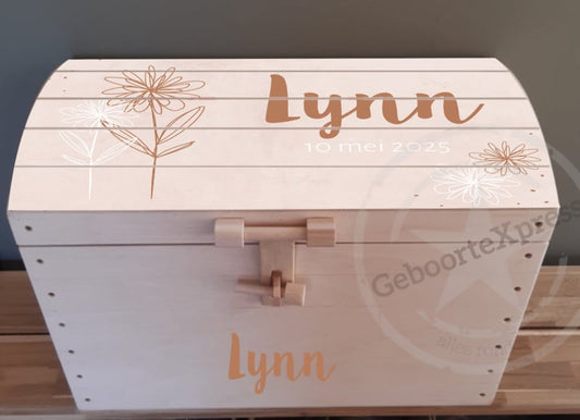 Naturel houten speelgoedkist met naam 'Pinkstone met bloem'