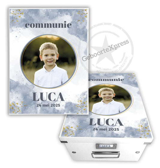 Communiedoos met naam en ''foto aquarel blauw''