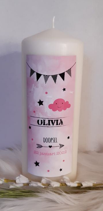 Doop- of geboortekaars met naam Vlaggenlijn roze